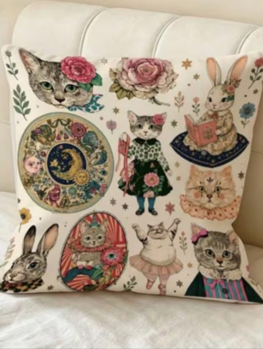 Whimsical Cat & Bunny Decorative Throw Pillowcase  - Cream Background